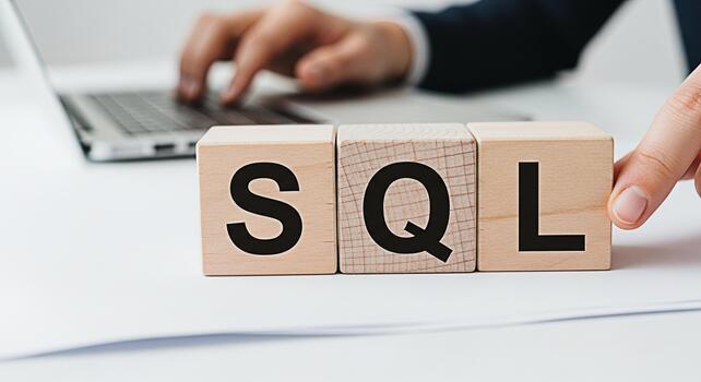 Database developer working on a laptop with SQL wooden blocks on a white desk illustrating data management and structured query language concepts in a modern office environment photo