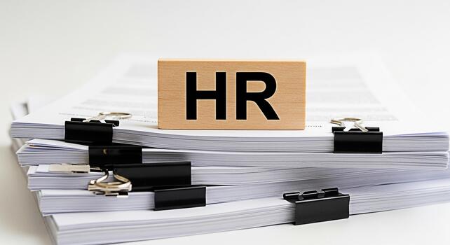 Wooden block with HR text resting on a stack of documents with binder clips in a bright clean office environment symbolizing human resources management and administrative paperwork photo