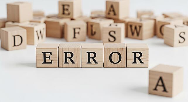 Wooden blocks spelling ERROR on a white surface surrounded by other letter blocks creating a concept of mistake failure or problem in a clean minimalist setting conveying a sense of caution and awaren photo