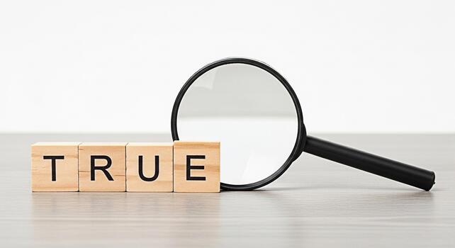 Magnifying glass examining wooden blocks spelling TRUE on a neutral surface symbolizing truthseeking verification and the importance of accuracy in information and decisionmaking with a clean minimali photo