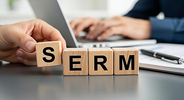 Hand arranging wooden blocks spelling SERM on a desk with a laptop and pen representing Search Engine Reputation Management in a corporate setting conveying a message of online brand control and posit photo