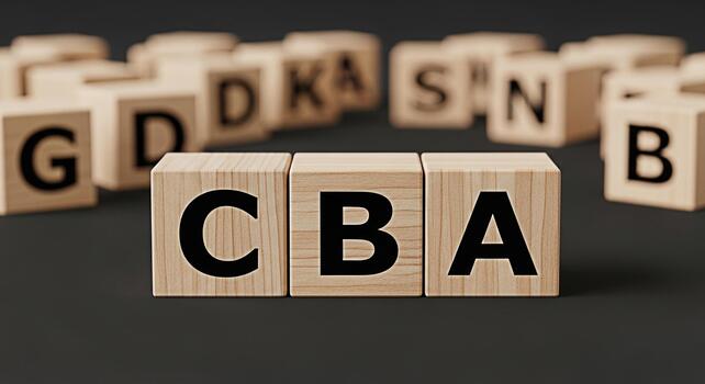 Wooden blocks spelling CBA on a dark surface representing cost benefit analysis with blurred background blocks conveying a sense of focus and strategic decisionmaking in a business context photo