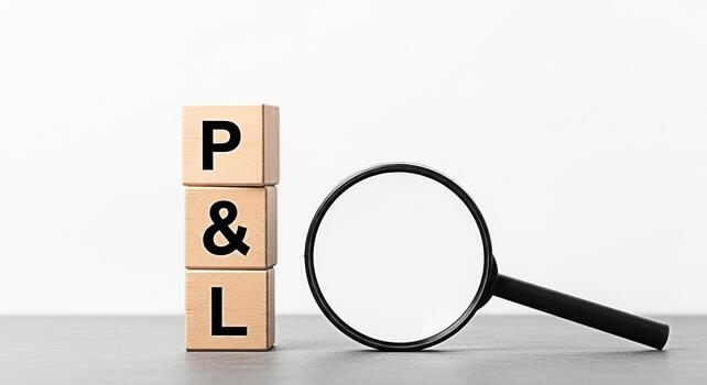 Wooden blocks displaying PL are examined with a magnifying glass on a gray surface against a white background representing financial analysis and business performance review for strategic planning photo
