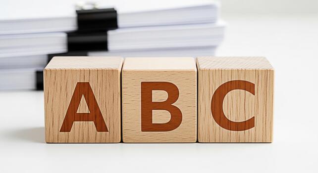 Wooden ABC blocks standing on a white surface in a bright studio symbolizing learning education and the basics of language with a stack of papers in the background representing knowledge and informati photo