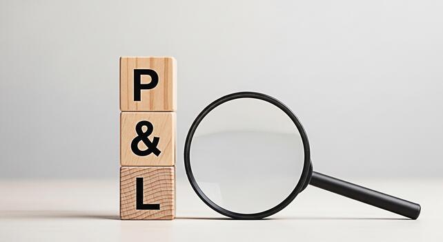 Wooden blocks displaying PL letters are examined with a magnifying glass on a bright table symbolizing financial analysis and the importance of profit and loss statements in business strategy photo