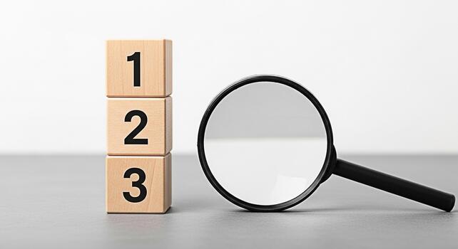 Wooden blocks stacked with numbers being examined by a magnifying glass on a gray surface symbolizing investigation analysis and a focus on detail for business strategy and problemsolving photo