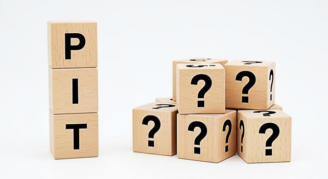 Wooden blocks displaying PIT and question marks on a white background representing the uncertainty and complexity of personal income tax creating a sense of confusion and the need for financial planni photo