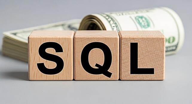 Wooden blocks spelling SQL with a stack of US dollar bills in the background representing database management and financial investment symbolizing datadriven decisions and economic strategy in a neutr photo
