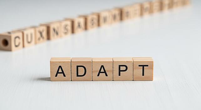 Wooden blocks spelling ADAPT on a white surface symbolizing flexibility and resilience in a changing environment promoting a message of positive adjustment and growth mindset for business and personal photo