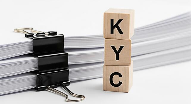 KYC wooden blocks stacked next to a pile of documents on a white surface representing compliance and regulatory requirements in a business setting conveying a sense of order and accountability photo