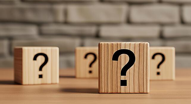 de madera bloques mostrando pregunta marcas en un de madera superficie en contra un ladrillo pared simbolizando incertidumbre y el necesitar para respuestas en un complejo y desafiante ambiente Fomentando curiosidad foto