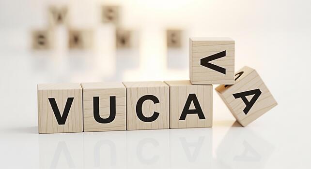 Wooden blocks spelling VUCA representing Volatility Uncertainty Complexity and Ambiguity scattered on a white surface symbolizing challenges and strategic planning in a dynamic business environment photo
