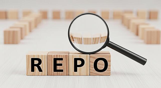 Magnifying glass inspecting the word REPO spelled out with wooden blocks on a bright surface symbolizing detailed financial analysis and risk assessment in a business environment photo