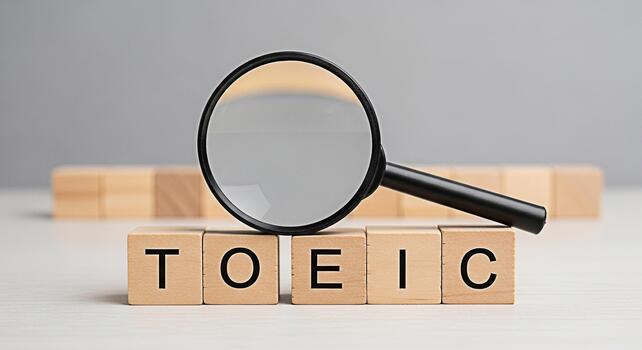 Magnifying glass examining TOEIC text on wooden blocks in a bright studio setting symbolizing focus and preparation for the Test of English for International Communication highlighting language profic photo