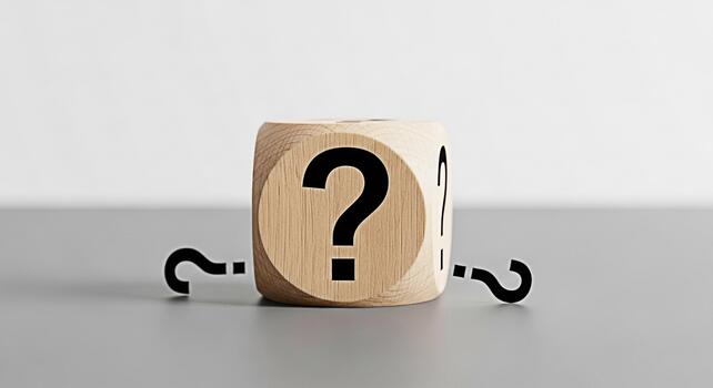 Wooden cube displaying a question mark in a minimalist studio setting symbolizing uncertainty inquiry and the search for answers in problemsolving and decisionmaking processes photo