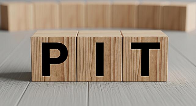 Wooden blocks spelling PIT on a gray wooden surface representing the concept of challenges difficulties and potential problems in a business or personal situation conveying a sense of caution photo
