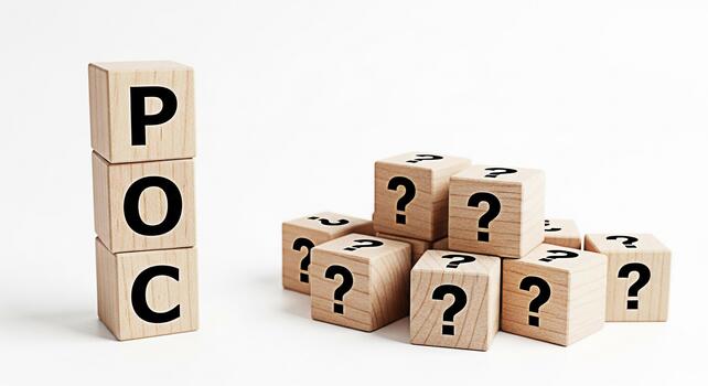 Wooden blocks spelling POC stand tall amidst a sea of question marks symbolizing the process of proving a concept in a business environment evoking a sense of challenge and problemsolving photo