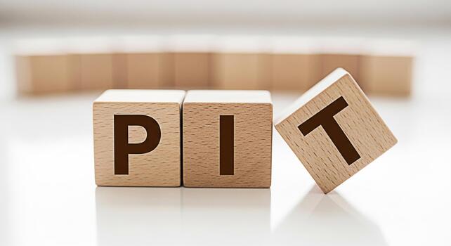 Wooden blocks spelling PIT on a white surface with the T block slightly tilted symbolizing challenges obstacles and the need for strategic problemsolving in a bright minimalist setting photo