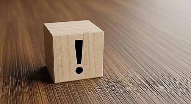 Wooden block displaying an exclamation point on a textured wooden surface symbolizing urgency and attention to detail in a natural minimalist setting for important announcements photo