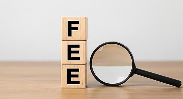 Wooden blocks spelling FEE are examined with a magnifying glass on a wooden table symbolizing financial scrutiny and cost analysis in a business setting creating a mood of careful evaluation photo