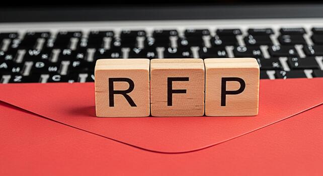 Wooden blocks spelling RFP resting on a red envelope in front of a laptop keyboard symbolizing a request for proposal process in a modern business environment conveying professionalism and efficiency photo