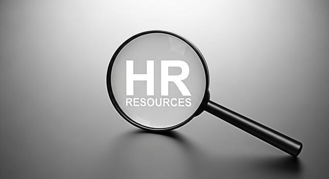 Magnifying glass focusing on HR Resources on a gray surface symbolizing the importance of human resources and talent acquisition in a corporate setting creating a professional and focused atmosphere photo