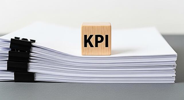 Wooden block displaying KPI on a stack of documents in a bright office setting representing performance measurement and business analytics for strategic decisionmaking and achieving goals photo