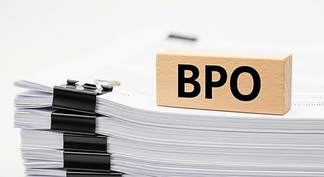 Wooden block with BPO text resting on a large stack of documents in a bright office setting symbolizing business process outsourcing and efficient document management for streamlined operations photo