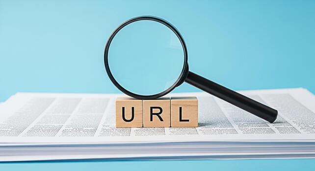 Magnifying glass inspecting URL wooden blocks on a stack of documents against a blue background symbolizing website analysis and search engine optimization for online visibility and information discov photo