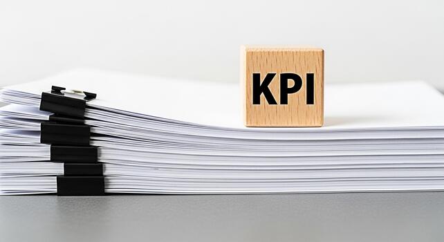 Wooden block displaying KPI on a stack of white papers with black binder clips symbolizing key performance indicators in a business environment representing data analysis and strategic planning for su photo