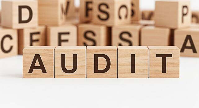 Wooden blocks spelling AUDIT on a white surface surrounded by other lettered blocks representing a thorough examination and verification process in a clean organized environment conveying trust and ac photo