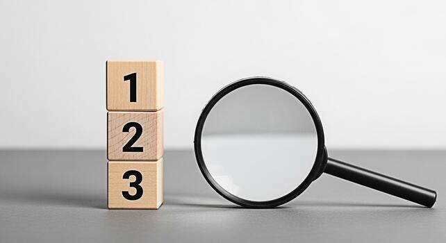 Wooden blocks stacked with numbers 1 2 and 3 examined closely with a magnifying glass on a gray surface symbolizing investigation learning and attention to detail in a minimalist setting photo