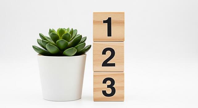 suculento planta en un blanco maceta en pie siguiente a de madera bloques con números 1 2 y 3 en un blanco antecedentes representando crecimiento aprendizaje y desarrollo en un limpiar y minimalista ajuste foto