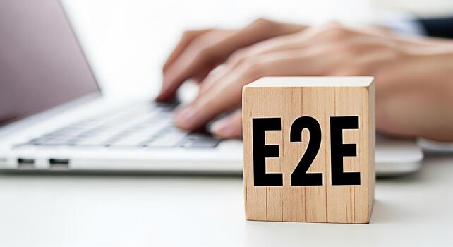 Closeup of hands typing on a laptop keyboard next to a wooden block with E2E printed on it symbolizing endtoend solutions in a bright modern office environment conveying efficiency and seamless integr photo