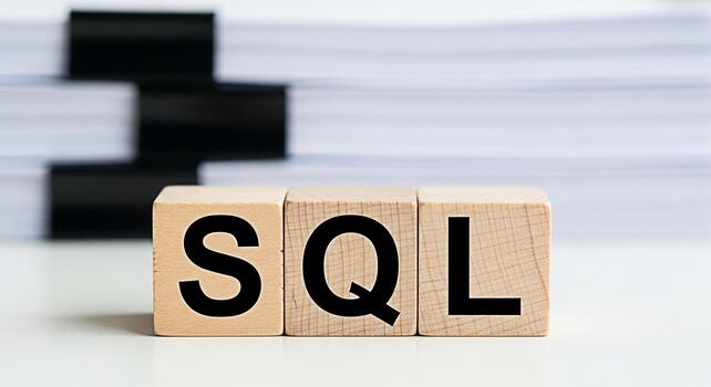 Wooden blocks spelling SQL on a white table representing database management and querying conveying a sense of organization and structured data in a professional office environment with stacked docume photo