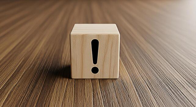 Wooden block displaying an exclamation point on a wooden surface symbolizing a warning alert or important information in a simple and minimalist setting conveying a sense of urgency and attention photo