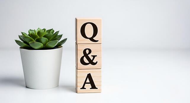 Wooden blocks displaying Q A next to a succulent plant on a white surface representing knowledge support and information in a clean and minimalist setting fostering a sense of clarity and understandin photo