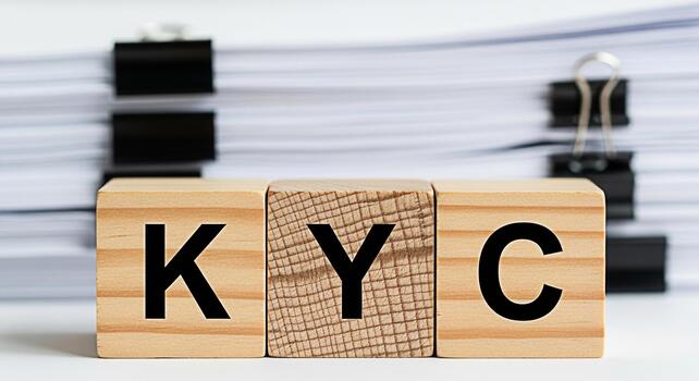 Wooden blocks displaying KYC in a business setting representing compliance and identity verification against a backdrop of paperwork symbolizing trust and regulatory adherence in financial transaction photo