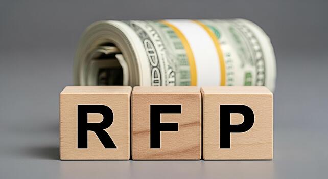 Wooden blocks displaying RFP in front of a roll of US currency on a gray surface symbolizing a request for proposal and financial opportunities conveying a sense of investment and business growth photo