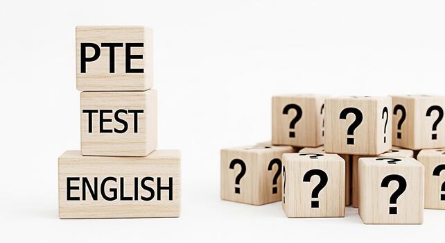 Wooden blocks displaying PTE test English preparation with question marks representing the challenge and uncertainty of exam preparation in a bright minimalist studio setting conveying a sense of acad photo