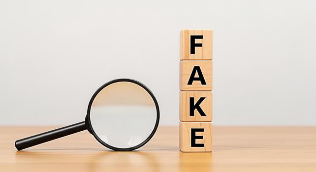 Magnifying glass inspecting wooden blocks spelling FAKE on a wooden surface symbolizing scrutiny and detection of misinformation or fraud in a clean minimalist setting creating a serious and investiga photo