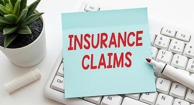 Closeup of a sticky note displaying Insurance Claims placed on a white computer keyboard in a bright office setting symbolizing financial security and the claims process with a modern aesthetic photo