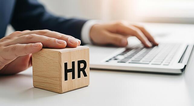 Human resources professional working on a laptop in a bright office focusing on HR strategies and employee management creating a productive and efficient work environment photo