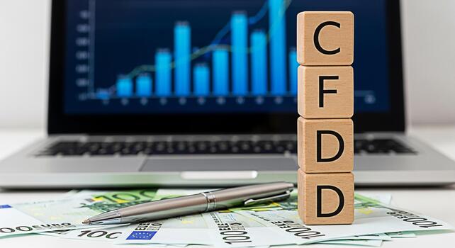 CFD wooden blocks stacked on Euro banknotes with a pen and laptop displaying a financial chart in the background representing contract for difference trading and investment strategy for success photo