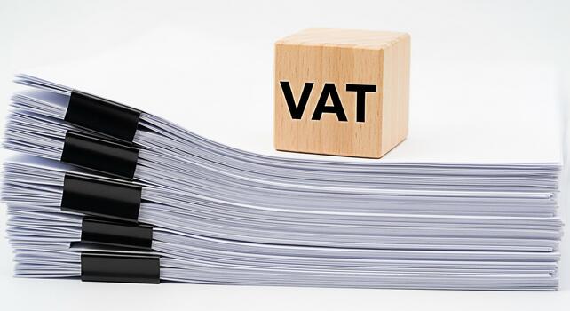 Wooden block displaying VAT resting atop a stack of documents secured with binder clips symbolizing financial compliance and tax regulations in a clean minimalist setting conveying a sense of order an photo