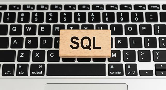 Wooden block displaying SQL on a laptop keyboard representing database management and programming concepts in a modern office environment conveying precision and technical expertise photo