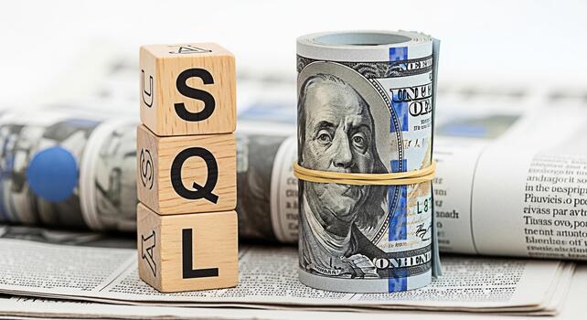 Stack of wooden blocks spelling SQL next to a roll of US dollar bills on a newspaper background representing data management and financial strategy in a business environment conveying a sense of inves photo