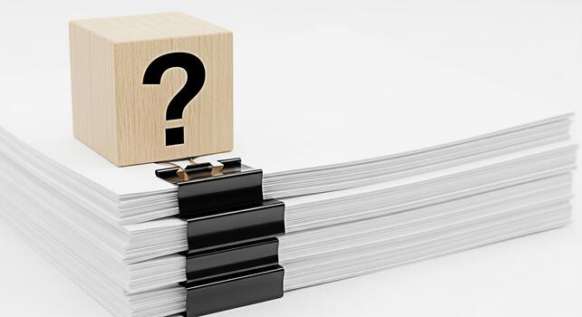 Wooden cube with question mark resting on a stack of white papers secured with binder clips in a bright studio symbolizing uncertainty paperwork overload and the need for solutions photo