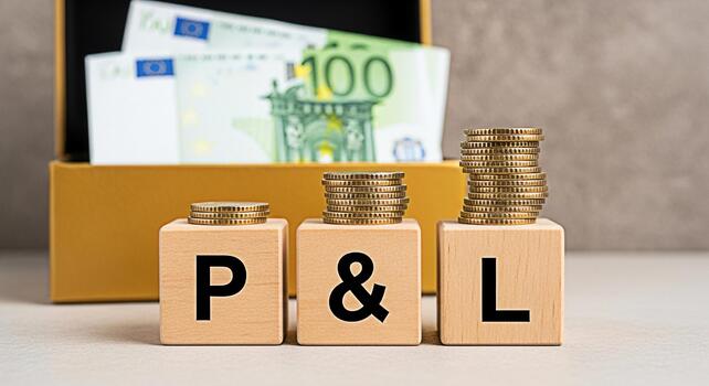 Wooden blocks displaying P L with stacked coins symbolizing profit and loss in a financial context set against a background of Euro banknotes in a box conveying concepts of finance and investment photo