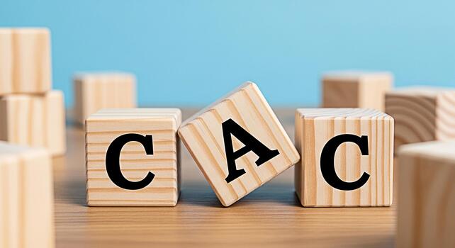 Wooden blocks displaying CAC on a wooden surface against a blue background representing Customer Acquisition Cost a key performance indicator for business growth and marketing efficiency in a simple e photo